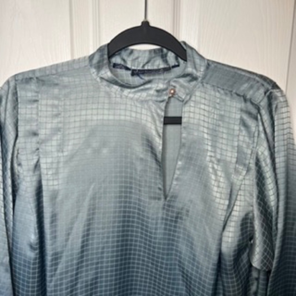 Vintage Givenchy silver metallic shirt blouse top with pink pearl clasp | size 8